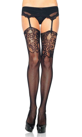 In My Opinion <br><span>Black Fishnet Mesh Jacquard Lace Thigh High Stockings Tights Hosiery</span>