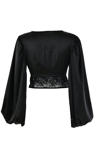 Come Fly With Me Black Long Lantern Sleeve Lace Trim V Neck Button Crop Top Blouse - 2 Colors Available