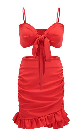 Hard Candy Red Sleeveless Spaghetti Strap Bandeau Bow Crop Top Ruched Two Piece Mini Dress