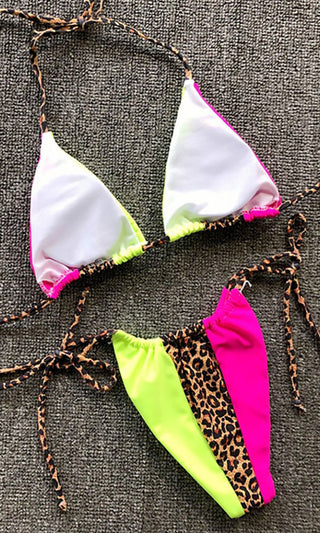 Sail The Seas <br><span> Blue Lime Green Colorblock Leopard Animal Pattern Triangle Bra Top Tie Side Brazilian Bikini Two Piece Swimsuit </span>