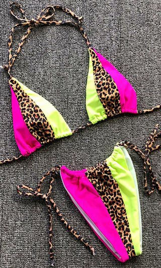 Sail The Seas <br><span> Fuchsia Pink Lime Green Colorblock Leopard Animal Pattern Triangle Bra Top Tie Side Brazilian Bikini Two Piece Swimsuit </span>