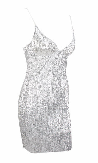 Drawn To You Silver Sequin Sleeveless Spaghetti Strap V Neck Bodycon Mini Dress