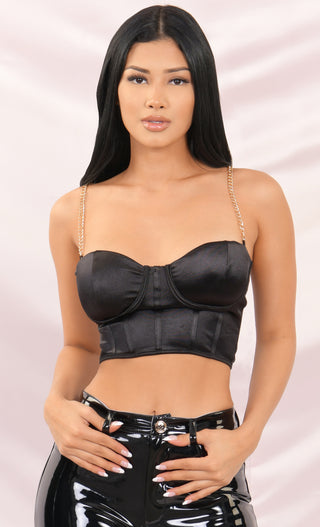 Take It Off Black Satin Sleeveless Chain Strap Padded Bustier Crop Tank Top