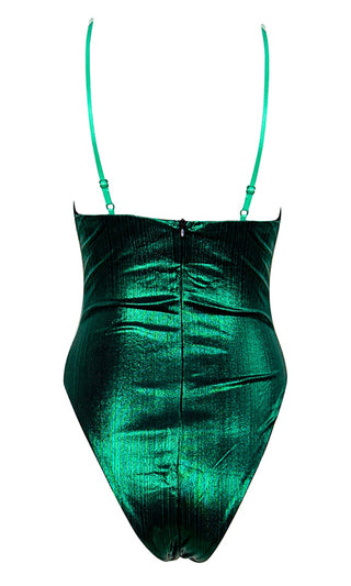 Slick Shine Dark Green Reflective Metallic Chain Strap V Neck Cut Out Bustier Bodysuit Top