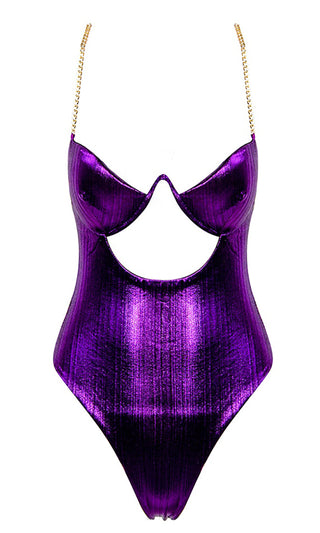 Slick Shine Purple Reflective Metallic Chain Strap V Neck Cut Out Bodysuit Top