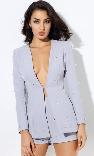 Pearly Perfection Gray Long Sleeve Faux Pearl Blazer Romper Short Two Piece Set