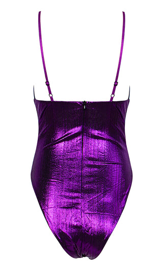 Slick Shine Purple Reflective Metallic Chain Strap V Neck Cut Out Bodysuit Top