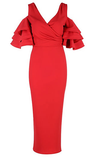 Raised Me Right Red Elbow Sleeve Ruffle Cross Wrap V Neck Cold Shoulder Bodycon Midi Dress