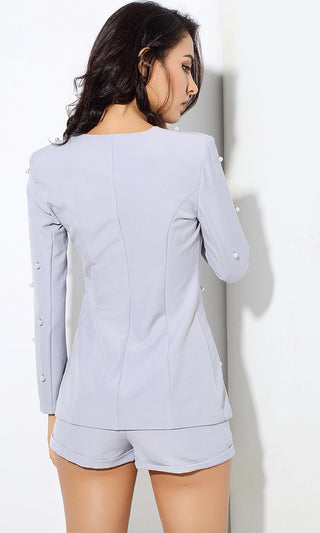 Pearly Perfection Gray Long Sleeve Faux Pearl Blazer Romper Short
