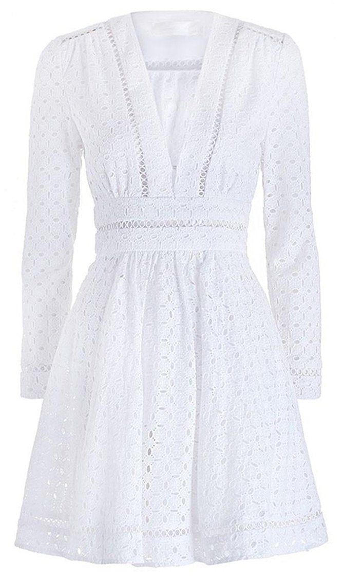 Delicate Beauty White Long Sleeve Hollow Eyelet Lace Plunge V Neck A L ...