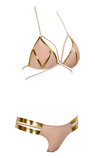 Sunset Romance <br><span>Pink Gold Spaghetti Strap Halter Bra Top Cut Out Two Piece Strappy Bikini Swimsuit </span>