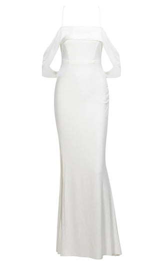 So Much In Love White Sleeveless Jersey Off The Shoulder Spaghetti Strap Foldover Drape Side Slit Maxi Dress