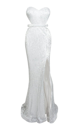 Lose Control <br><span>Champagne Sequin Strapless Sweetheart Neck Cut Out Waist Backless High Slit Maxi Dress</span>