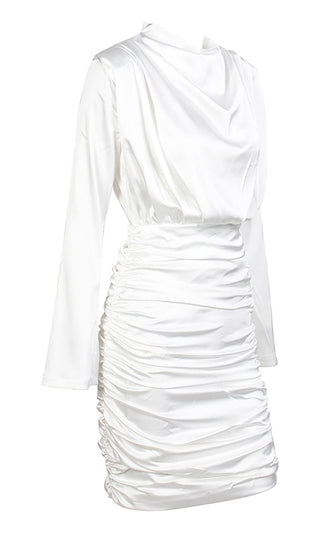 Thank You, Next White Satin Faux Silk Long Sleeve Drape Cowl Neck Mock Neck Ruched Mini Dress