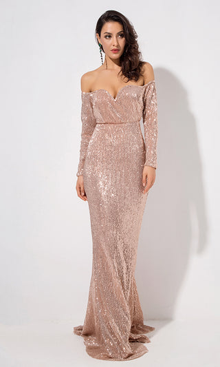 Time To Sparkle Champagne Sequin Long Sleeve Off The Shoulder V Neck Mermaid Maxi Dress