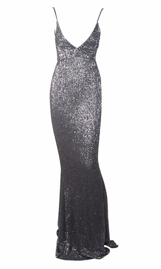 Fire and Ice Black Sequin Sleeveless Spaghetti Strap Plunge V Neck Backless Maxi Dress