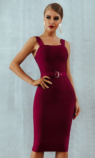 Charity Event Burgundy Sleeveless Scoop Neck Belted Bodycon Bandage Midi Dress - 3 Colors Available