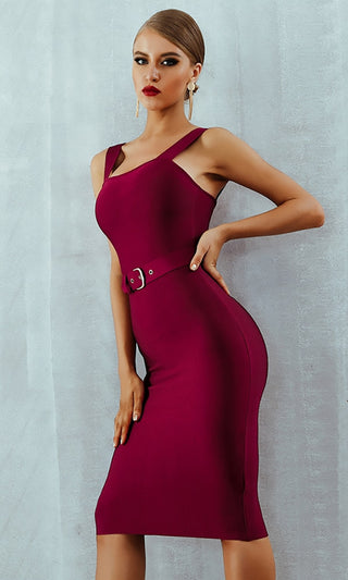 Charity Event Burgundy Sleeveless Scoop Neck Belted Bodycon Bandage Midi Dress - 3 Colors Available