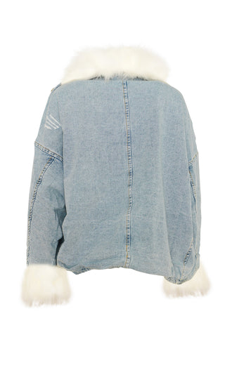 Ski Bunny <br><span>Blue Denim White Faux Fur Long Sleeve Zipper Drawstring Flap Pocket Outerwear Jacket Coat</span>