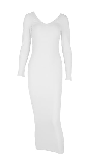 On The Radio White Long Sleeve Ribbed V Neck Bodycon Midi Dress