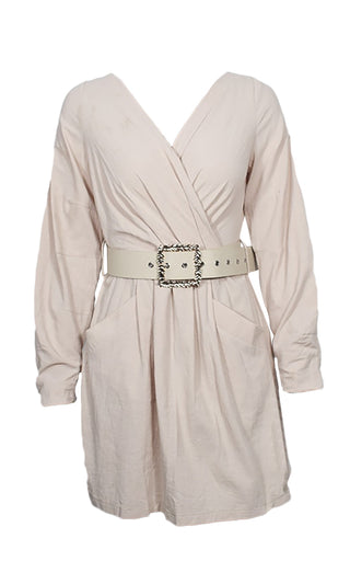 Cross Your Heart Beige Long Sleeve Off The Shoulder Cross Wrap V Neck Belted A Line Flare Casual Mini Dress