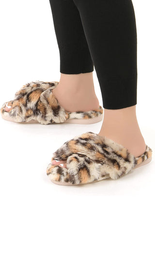 Women's Cross Band Leopard Cheetah Print House Shoes Fur Slippers Soft Plush Fuzzy Fluffy Furry Woman Slip On Fleece Slides Bedroom Slippers