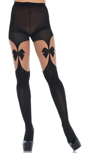 Perfect Illusion <br><span>Black Sheer Opaque Bow Garter Belt Tights Stockings Hosiery</span>