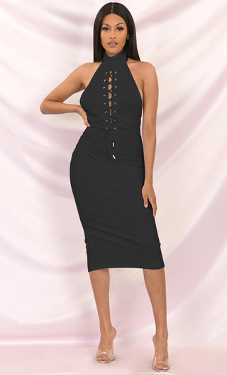 Tied To You Black Sleeveless Mock Neck Halter Cut Out Lace Up Bodycon Midi Dress