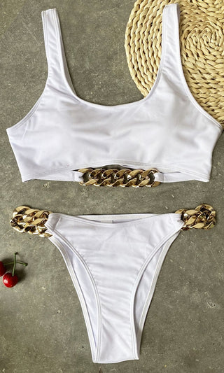 Chained Up <br><span> White Gold Chain Strap Sleeveless Scoop Neck Crop Top Cut Out Brazilian Two Piece Bikini Swimsuit </span>