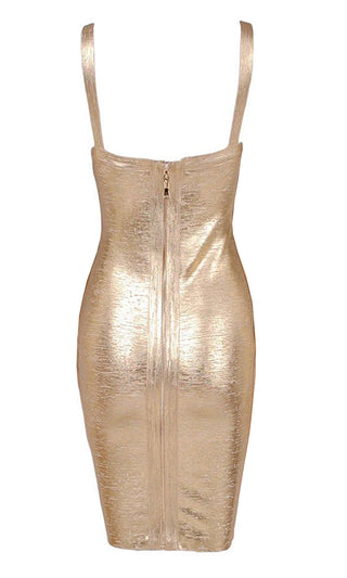 She Wants It All Gold Foil Metallic Sleeveless V Neck Bodycon Bandage Mini Dress