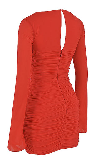 Girl On Fire <br><span>Red Long Sleeve Ruched Sweetheart Neck Cut Out Bodycon Mini Dress</span>