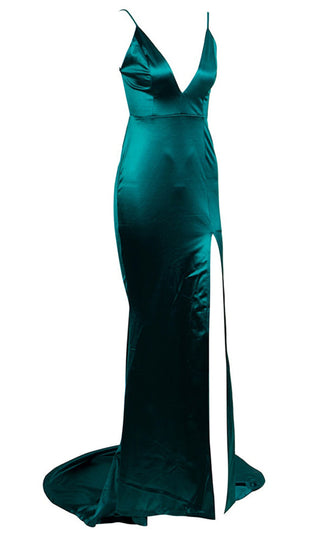 Hollywood Fantasy Apricot Satin Sleeveless Spaghetti Strap V Neck Backless Ruched High Slit Mermaid Maxi Dress