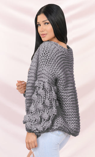 Desert Bound Cream Long Sleeve Bubble Chunky Crochet Oversize Cardigan Knit Pom Pom Sweater