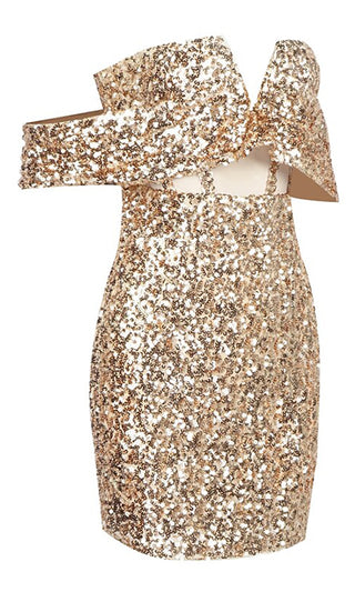 Scene Stealer <br><span>Gold Sequin Draped Cap Sleeves Off The Shoulder V Neck Cut Out Waist Bodycon Mini Dress</span>
