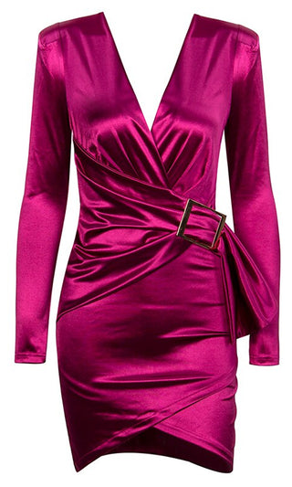 All Legs <br><span>Fuchsia Pink Satin Long Sleeve Cross Wrap V Neck Buckle Bodycon Mini Dress</span>