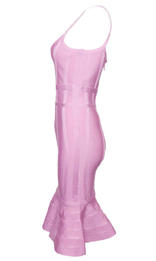New Romance <BR><SPAN>Pink Sleeveless Spaghetti Strap V Neck Ruffle Bodycon Bandage Midi Dress</SPAN>