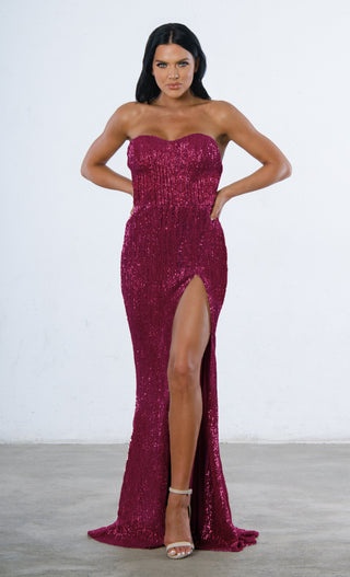 Show Me Some Love<br><span> Champagne Sequin Strapless Sweetheart Neck High Slit Fishtail Maxi Dress</span>