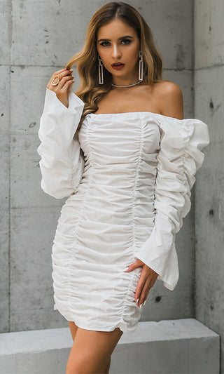 Sweet Ideas White Long Sleeve Puff Neck Ruched Bodycon Mini Dress