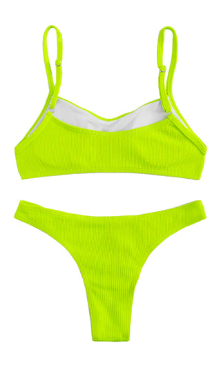 Faster Than Fire <br><span>  Neon Yellow Ribbed Spaghetti Strap Scoop Neck Crop Top Brazilian Two Piece Bikini Swimsuit</span>