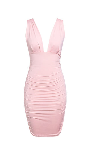 Play The Game Pink Sleeveless Plunge V Neck Low Back Ruched Bodycon Mini Dress
