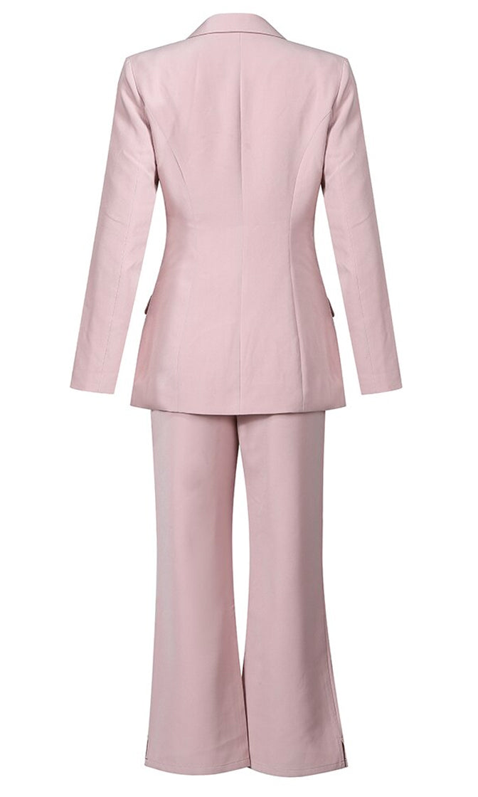 Suit Up Pink Satin Lapel Long Sleeve Blazer Jacket Flare Leg Trouser ...