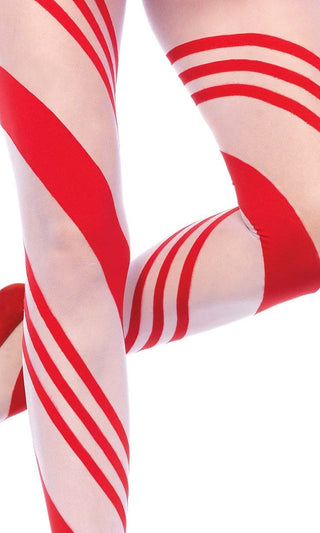 Christmas Present Red White Candy Cane Stripe Pattern Tights