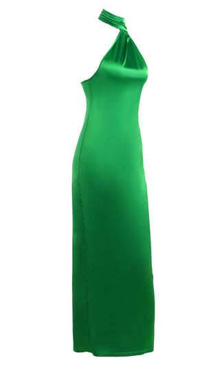 Easy Lover <br><span>Green Satin Sleeveless High Neck Drape Scarf Bodycon Maxi Dress</span> -