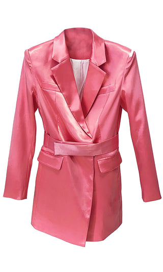 In A Blaze <br><span>Pink Satin Long Sleeve Collar Belted Blazer Mini Dress</span>