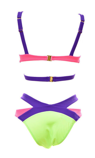 Tropic Dreams <br><span> Green Purple Pink Colorblock Cut Out Triangle Top Low Rise Brief Two Piece Bikini Swimsuit </span>