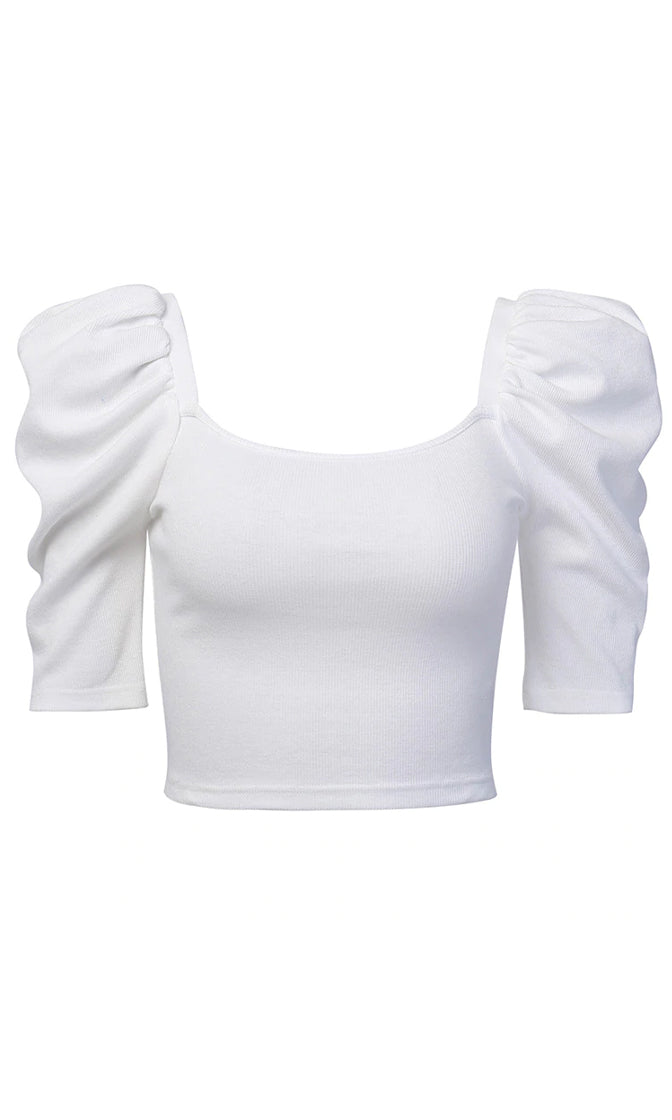 Hanging With The Girls Elbow Sleeve Puff Shoulder Scoop Neck Crop Top ...