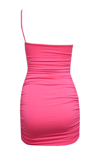 Bright Night Fuchsia Pink Sleeveless Spaghetti Strap One Shoulder Ruched Bodycon Mini Dress