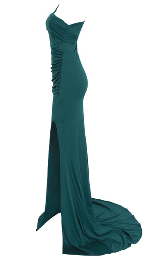 Silky Smooth Emerald Green One Sleeve Fold Over Off The Shoulder Ruched High Slit Mermaid Maxi Dress