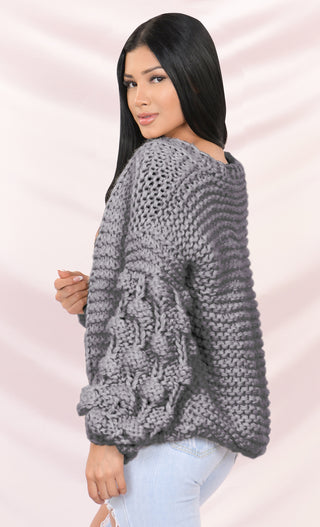 Desert Bound Gray Pom Pom Bubble Long Lantern Sleeve Chunky Knit Oversized Open Cardigan Outerwear Sweater