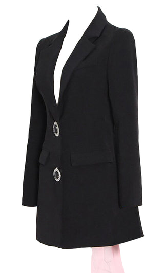 Drawing Attention <br><span>Black Long Sleeve Cut Out Back Rhinestone Button Bow Blazer Jacket Outerwear</span>